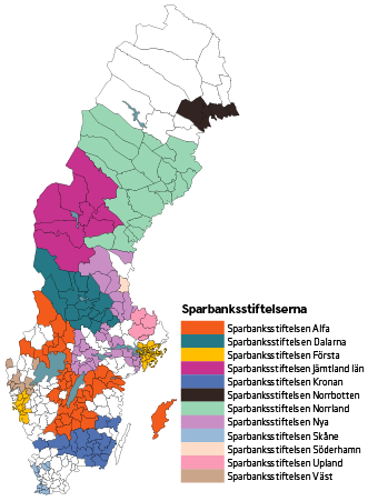En karta över Sverige som visar var Sparbanksstiftelserna finns. Illustration